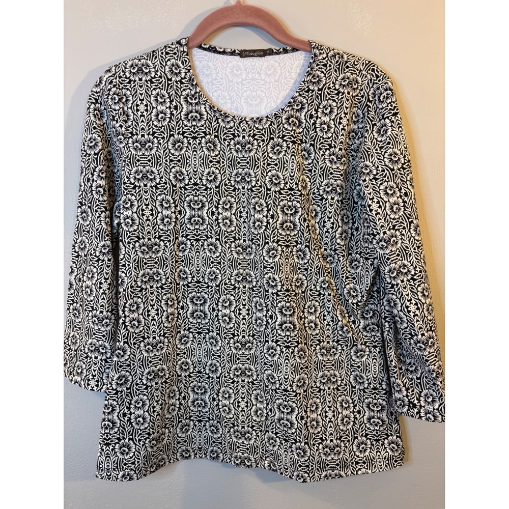 J. McLaughlin Black & White Floral M 3/4 Sleeve Catalina Cloth